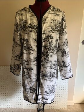 Victor Costa Black & White Scenic Print Trench Coat